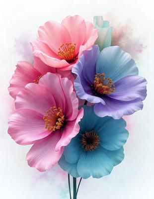 The primary subject of the image is a bouquet of four different colored flowers, each with a unique hue. The flowers are arranged in a vase, creating a visually appealing display. The setting is a room with a wall, and the visual style is a painting or drawing, showcasing the artist's skill in capturing the beauty of the flowers. The colors and mood of the image are vibrant and lively, with each flower bringing a distinctive touch to the overall composition.